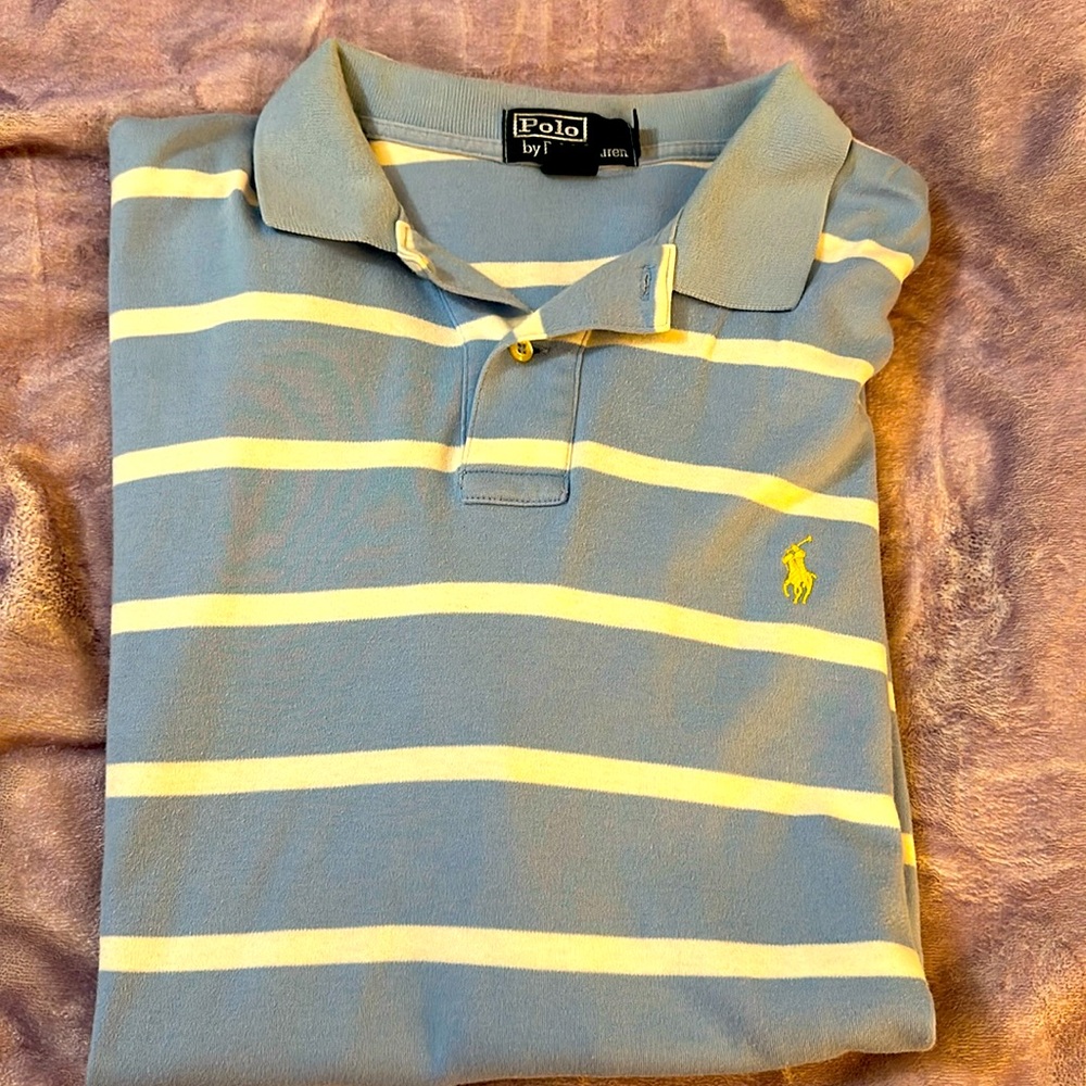 Men’s Blue and White striped polo shirt.